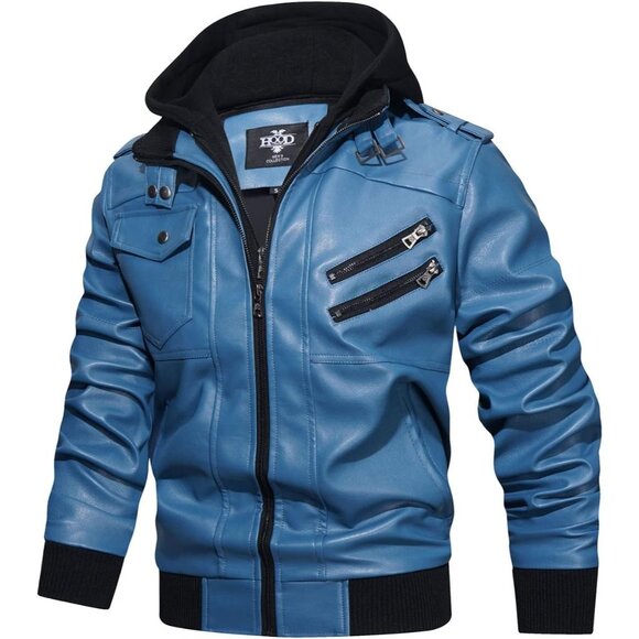 Men’s Blue Casual Stand Collar Pu Faux Leather Motorcycle Bomber Jacket - Picture 4 of 5